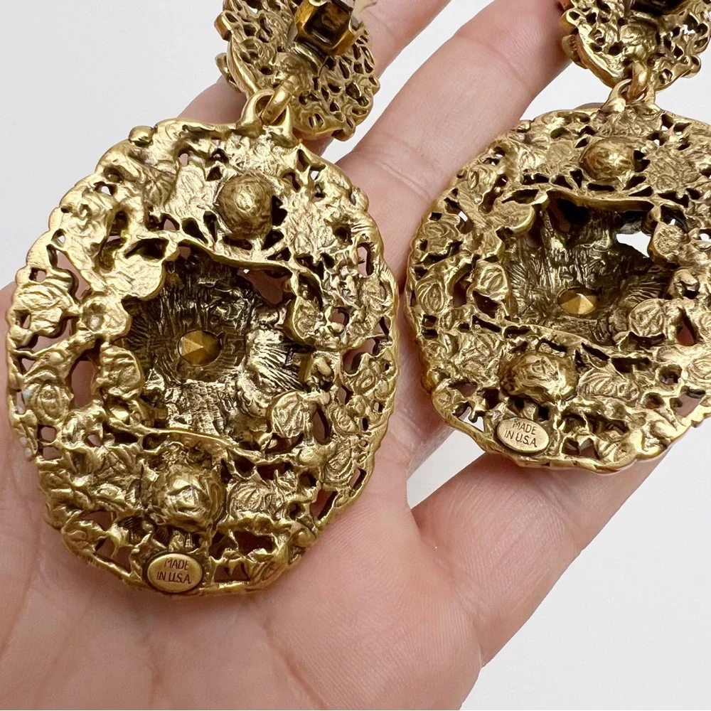 Oscar de la Renta Baroque Goldtone Enamel Floral Crystal Drop Clip On Earrings